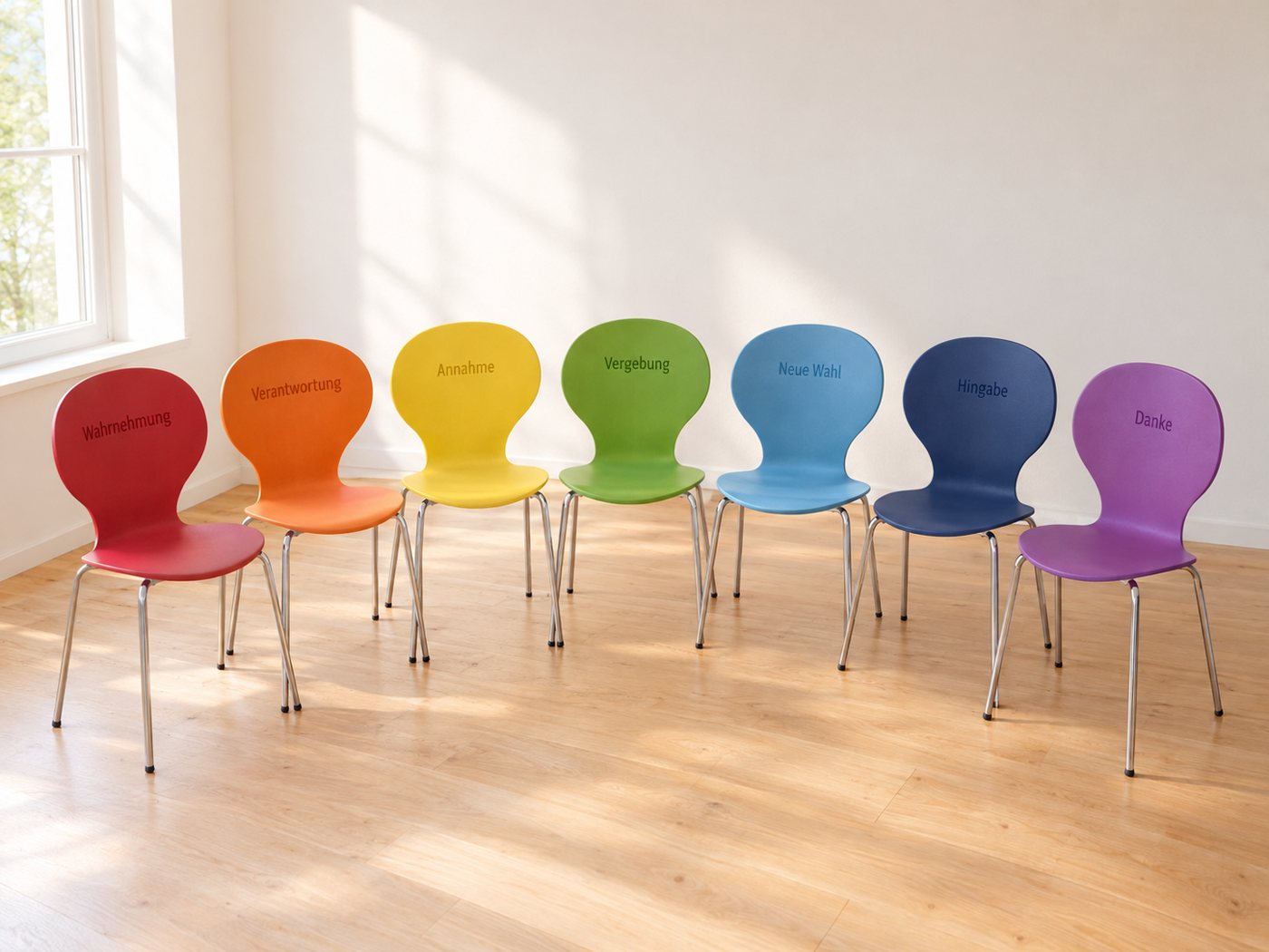 Sieben farbige Stühle in den Farben des Regenbogens, auf jeder Lehne einer der sieben Schritte